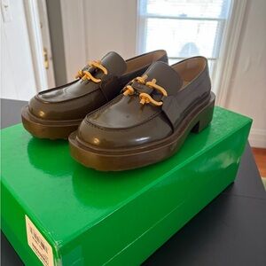 Bottega Veneta Olive Green Loafers with Gold Accents